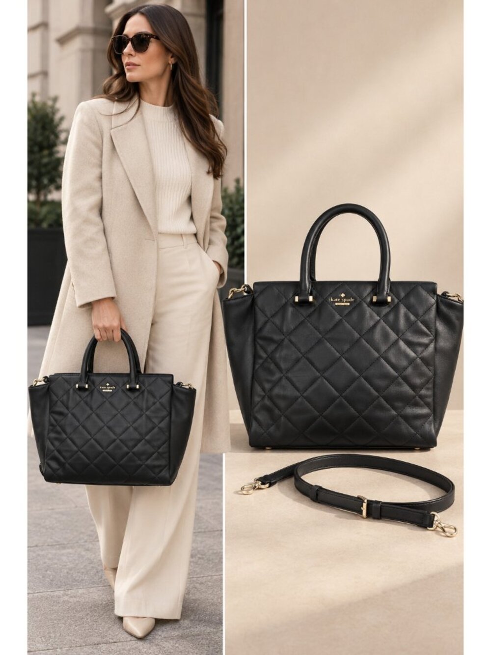 Kate Spade New York Black Quilted Leather Large Convertible Tote Satchel